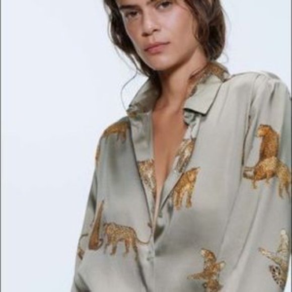 Zara Leopard silky button down blouse green size S - Picture 4 of 11